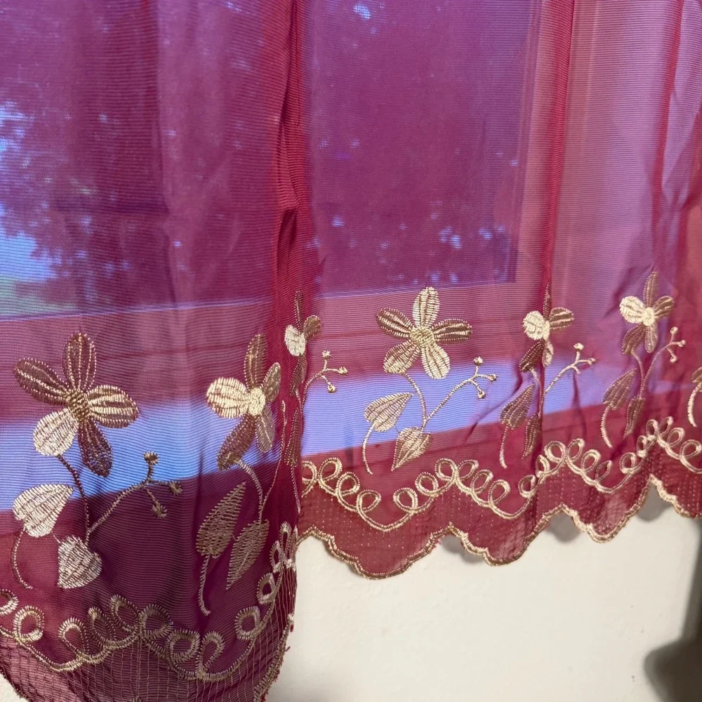 Vtg Burgundy Sheer Embroidered Curtains Set of 2 Lace Window Panels 66.5